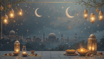 Ramadan Lantern with Colorful Light Glowing at Night and Glittering with Bokeh Lights on ground. Festive Greeting Card, Invitation for Muslim Holy Month Ramadan Kareem. Blue Dark background