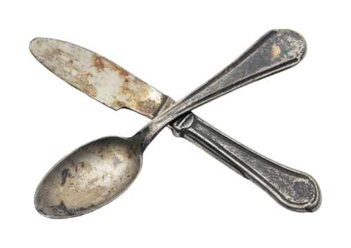 Vintage silverware crossed on a white background for rustic dining theme and culinary design, cut out