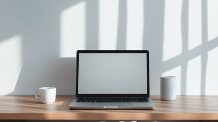 Fototapeta premium sleek minimalist workspace featuring closed blank laptop next to simple cup with abundant natural light casting gentle