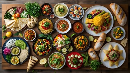 A beautifully arranged table featuring a diverse selection of international cuisine, including Mediterranean, Mexican, Asian, and Middle Eastern dishes. The spread consists of colorful salads, hummus,