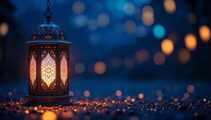 Ramadan Lantern with Colorful Light Glowing at Night and Glittering with Bokeh Lights on ground. Festive Greeting Card, Invitation for Muslim Holy Month Ramadan Kareem. Blue Dark background