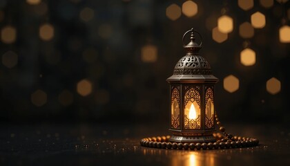 Ramadan Lantern with Colorful Light Glowing at Night and Glittering with Bokeh Lights on ground. Festive Greeting Card, Invitation for Muslim Holy Month Ramadan Kareem. Blue Dark background