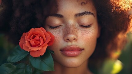 Young woman with closed eyes enjoying the fragrance of a red rose.