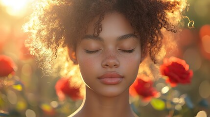 Fototapeta premium Young woman with closed eyes enjoying the fragrance of a red rose.