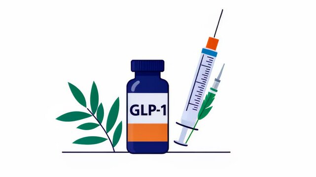 GLP-1 Vial and Syringe Illustration with Graph Elements and Leaf for Medical and Health Concept in Flat Style Design