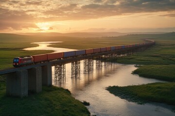 Obraz premium Breathtaking Aerial View of a Logistics Train Crossing a Vibrant Steel Bridge Over a Serene River at Sunset, Showcasing Colorful Cargo Containers