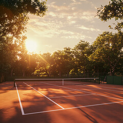 A vibrant sunset tennis court with warm skies, lush trees, and a player mid-serve. Crisp white lines, motion blur, and cinematic lens flare enhance the scene.