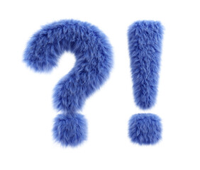 Fluffy exclamation and question mark. Set of fluffy pink marks. Fluffy 3d symbol. 3d illustration.
