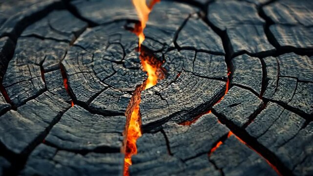 Charred tree stump with fiery crack