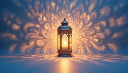 Ramadan Lantern with Colorful Light Glowing at Night and Glittering with Bokeh Lights on ground. Festive Greeting Card, Invitation for Muslim Holy Month Ramadan Kareem. Blue Dark background