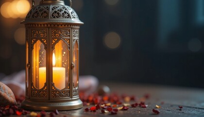 Ramadan Lantern with Colorful Light Glowing at Night and Glittering with Bokeh Lights on ground. Festive Greeting Card, Invitation for Muslim Holy Month Ramadan Kareem. Blue Dark background