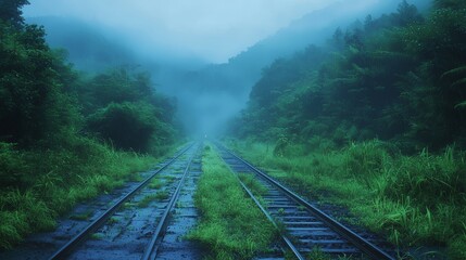 Fototapeta premium Serene Rainy Day: Foggy Railway Track Surrounded by Lush Greenery