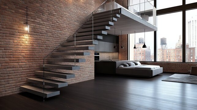 Modern loft apartment with glass staircase, city view