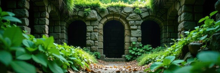 Ancient stone foundation hidden beneath dense foliage, decay, foliage