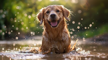 Joyful Dog Splashing in Mud: Happy Portrait of a Playful Pup