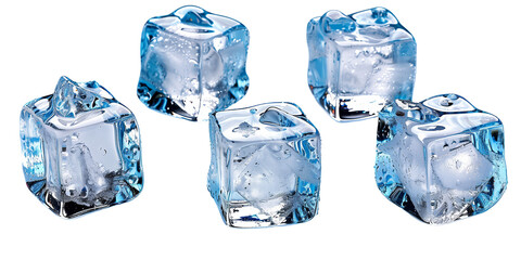 Obraz premium Five Translucent Blue Ice Cubes on Transparent Background