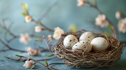 Obraz premium A beautiful nest containing speckled eggs surrounded by delicate flowers, symbolizing new life and nature's beauty.