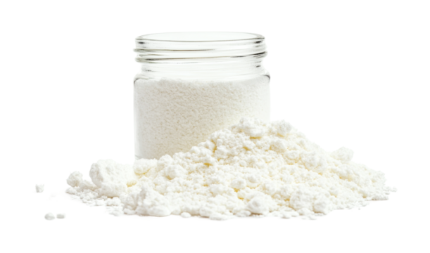 White powder in a glass jar with a pile nearby, ideal for culinary and baking applications in a clean kitchen setting, cut out