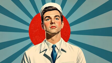Retro Poster Art Featuring Male Nurse in Classic Uniform with Red Cross Hat on Sunburst Background in Vintage Style for Medical Themed Decor or Retro Illustration Design Prints, 200 Characters