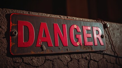A weathered sign warning of potential danger. The red lettering contrasts with the aged backdrop.