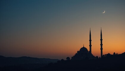 A serene twilight scene with a mosque silhouette in the corner, a glowing crescent moon above, and a gradient sky providing ample space. sunset over the mosque