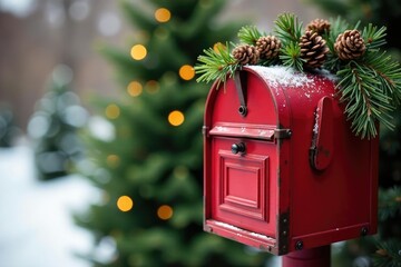 Cozy red mailbox with evergreen branches and pinecones, vintage, holiday decoration