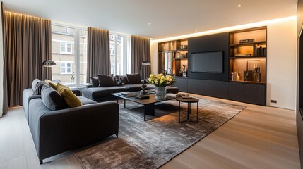 Fototapeta premium Modern living room showcases elegant decor with natural light in a stylish apartment