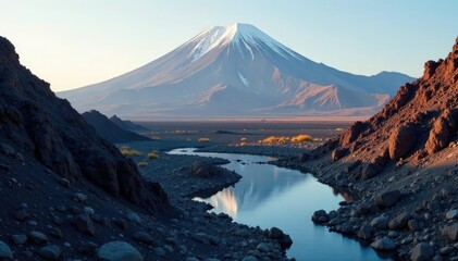 Desert landscape with volcanic mountains and lava rock formations in the background, landscape photography, water