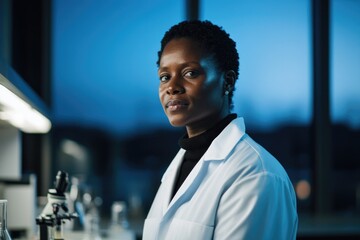 thoughtful portrait of black scientist in lab coat standing confidently in modern laboratory illuminated by bright
