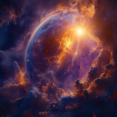 Obraz premium A captivating nebula shines with a gas planet amidst radiant stars, a stunning cosmic vista.