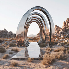 A futuristic sculpture of layered matte concrete arcs mimicking peacock feathers, with metal-trimmed openings and a panoramic glass core, set in a sunlit rocky landscape.