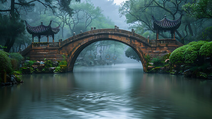 Fototapeta premium Serene stone bridge arching over tranquil waters in a misty garden, with lush greenery surrounding