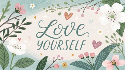 Fototapeta premium The words 'Love Yourself' in elegant calligraphy, surrounded by soft pastel hearts and a calming nature background