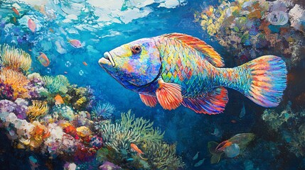 Fototapeta premium Vibrant Rainbow Wrasse Fish Swimming in a Coral Reef Underwater Scene