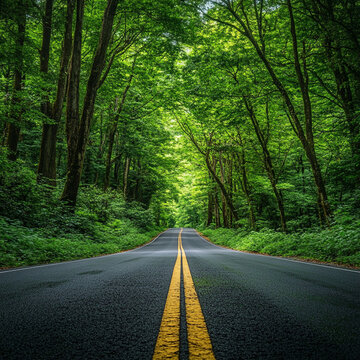 road in the forest with green trees and shining lights, raod in glowing forest