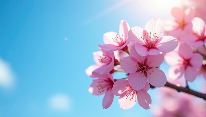 Fototapeta premium pink sakura blooms against clear blue sky with sunbeams, flowers, pink, sakura