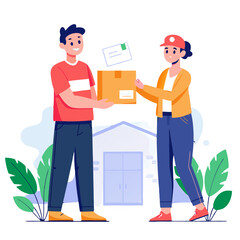 A courier hands over a package to a smiling customer outside their home. The interaction reflects joy as they engage in a seamless delivery process in a welcoming setting