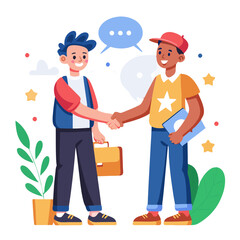 Fototapeta premium A courier and a satisfied client shake hands to celebrate a successful delivery in a vibrant setting with decorative elements, conveying a sense of trust and satisfaction