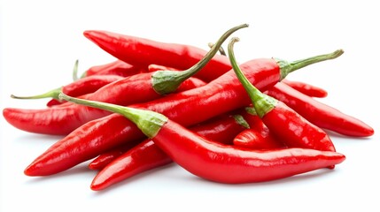 Red chili peppers pile, isolated, white background, food ingredient