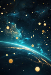 Fototapeta premium Resplandor del espacio profundo con temática celestial con bokeh cian y dorado, destellos flotantes que se asemejan a una noche estrellada de ensueño 
