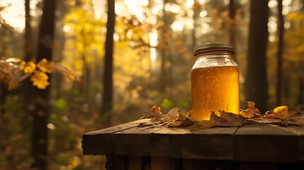 Honey in a jar on a wooden table in the autumn forest