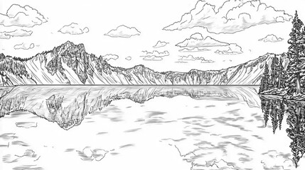 Fototapeta premium Line art of Crater Lake perfectly still waters reflecting sky