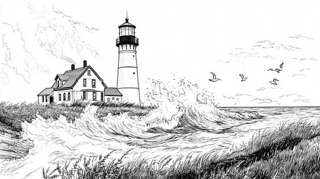 Line art of Cape Cod lighthouse with crashing waves