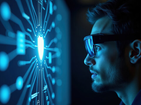 Experto en ciberseguridad monitoreando protecciones de firewall, escudo digital contra amenazas cibern&eacute;ticas, interfaz de datos hologr&aacute;ficos, tema cibern&eacute;tico azul oscuro

