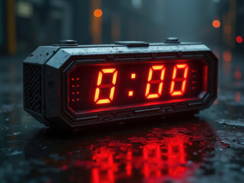 Temporizador de cuenta regresiva digital que llega a cero, números rojos brillando, atmósfera tensa, estilo ciberpunk, concepto de tiempo futurista
 - Powered by Adobe