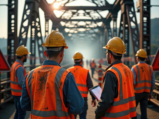 Ingenieros inspeccionando la integridad estructural de un puente, medidas de seguridad implementadas, cascos de construcción, concepto de prevención de riesgos, realismo detallado
