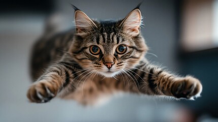 Tabby cat mid-air, indoors with blurred background, for general pet content