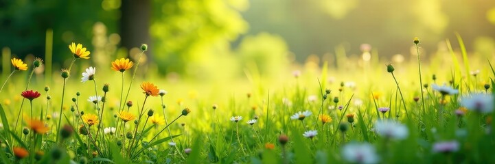 Obraz premium Tall grasses and wildflowers swaying in the breeze, undergrowth, natural