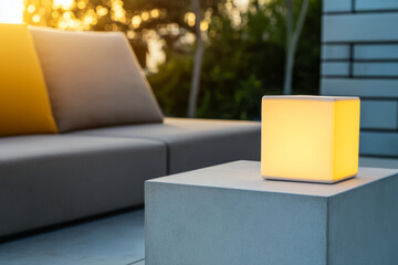 Cozy outdoor living space at sunset with modern furniture and glowing light fixture