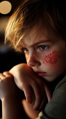 Thoughtful boy with rash indoors, blurred lights background, medical awareness